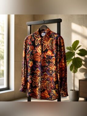Punch Large Button Down Retro Bohemian Style Rayon Print Shirt 2/$13
